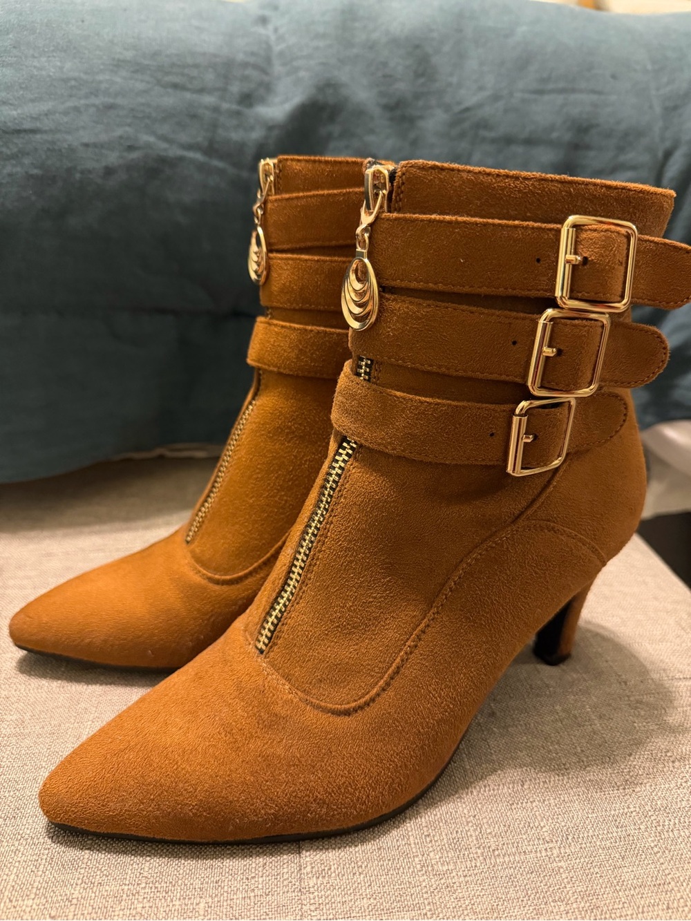 Women's Suede Ankle Boots with Gold Buckles
